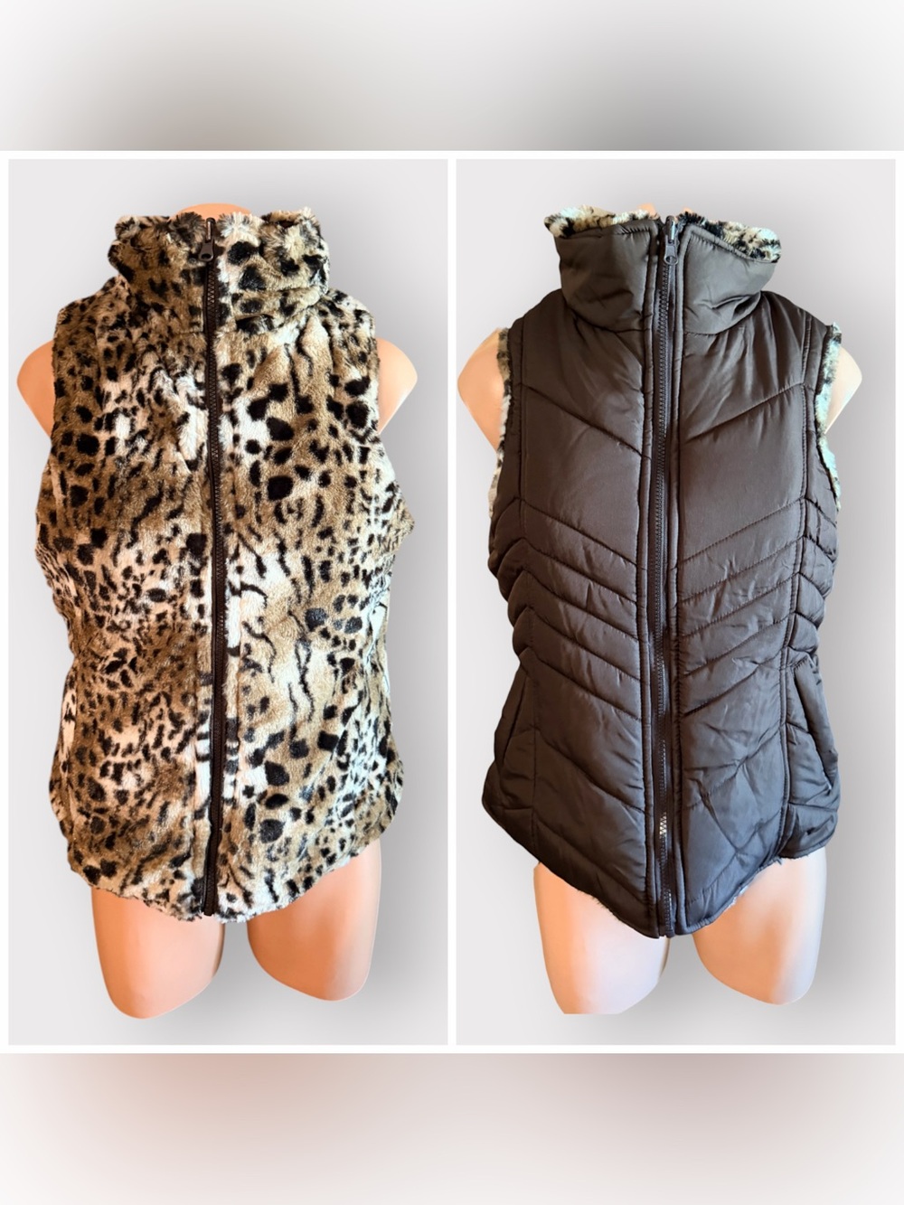 Valerie Stevens Womens S Reversible Leopard Faux Fur Puffer Vest Brown Animal